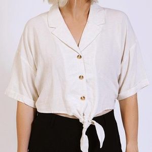 Linen Tie-Front Button-Down Top IVORY/OATMEAL